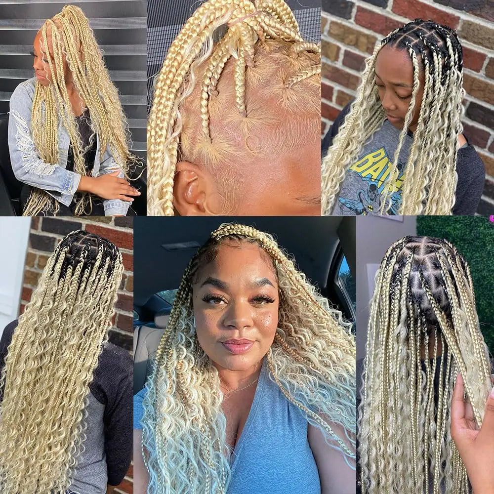 A collage showing various styles of braided extensions in blonde and light brown hair.