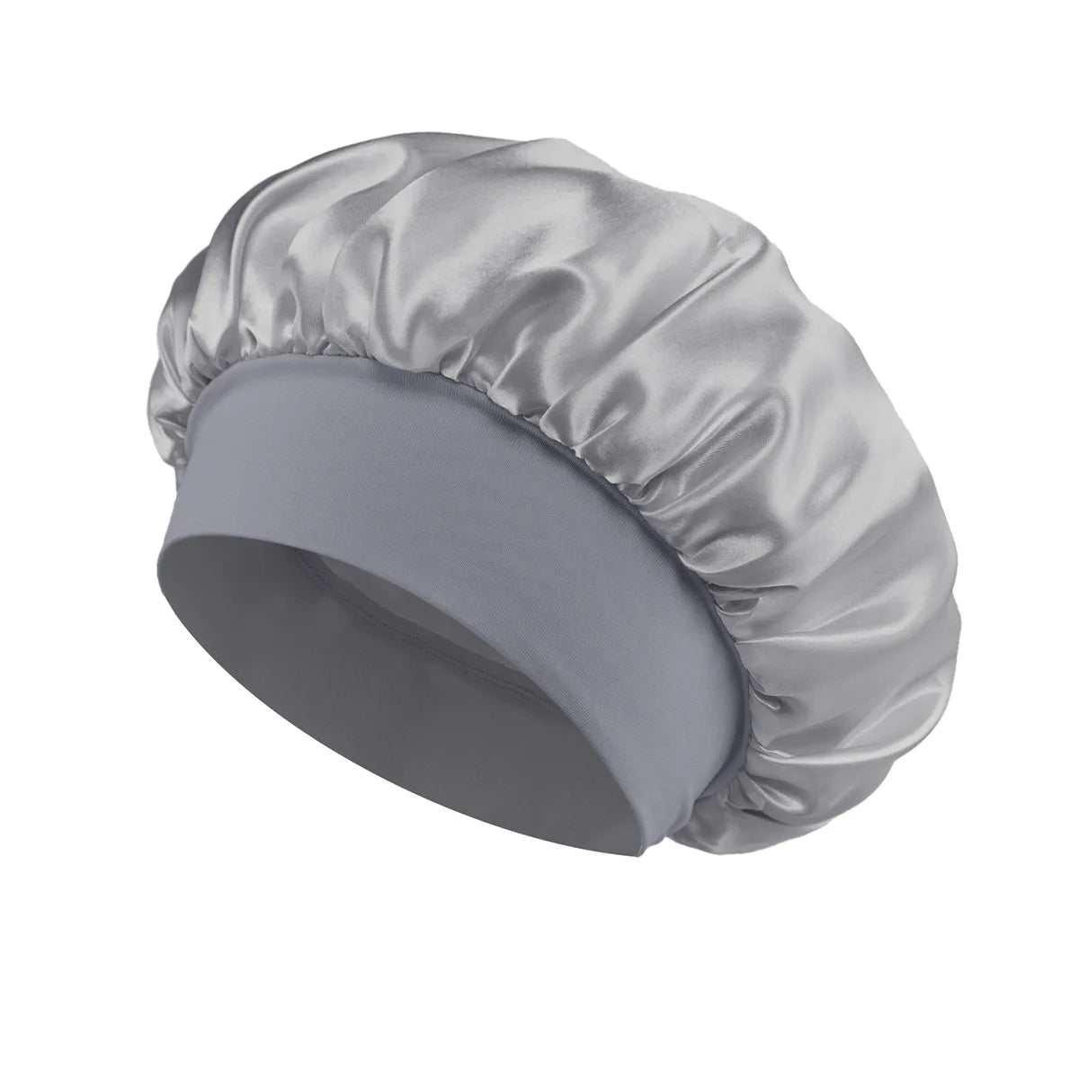 Bonete de dormir de satén plateado con parte superior fruncida y forro gris liso.