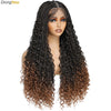 Long, dark brown, curly box braid wig displayed on a mannequin head.
