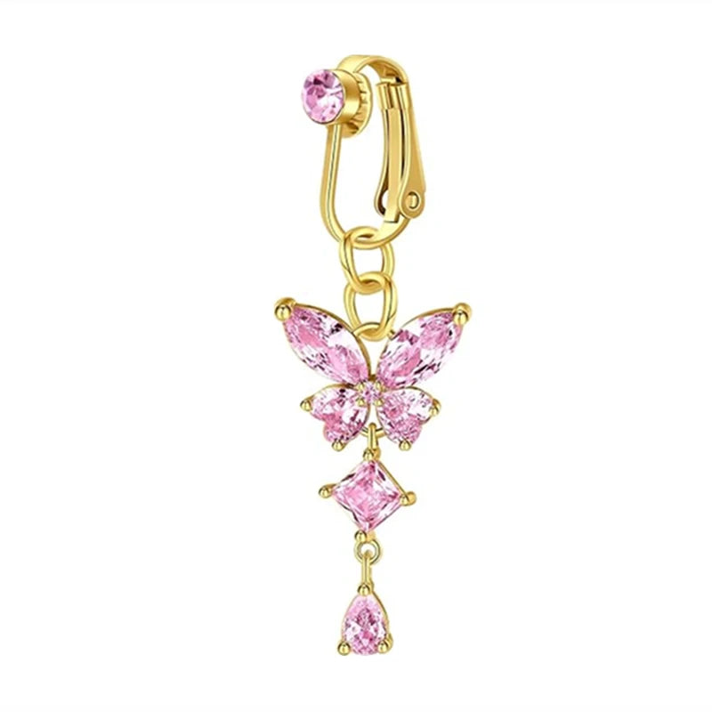 Gold-toned fashion belly button rings featuring pink faceted butterfly and teardrop charms