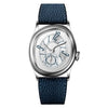 A vintage irregular quartz watch with a silver-toned case and dark blue leather strap.