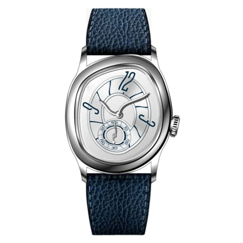 A vintage irregular quartz watch with a silver-toned case and dark blue leather strap.