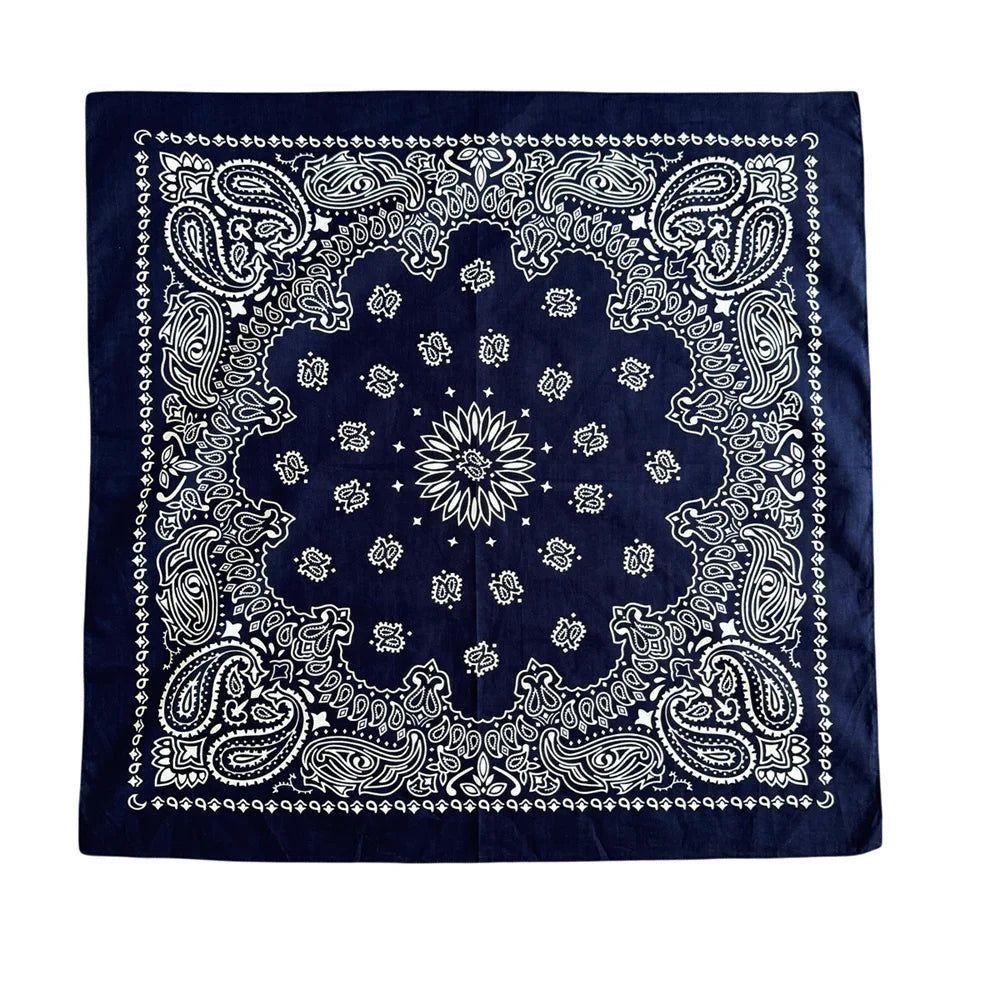 Navy blue cotton bandana scarf featuring an intricate white paisley print.
