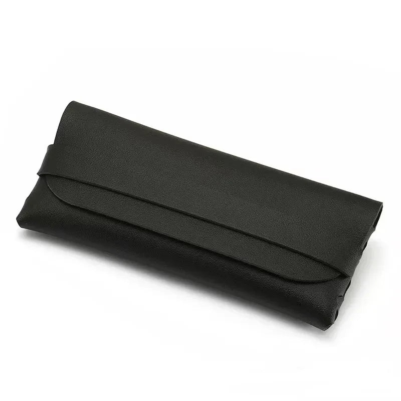 Black elegant leather eyeglass case shown in a profile view.