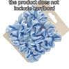 A pile of light blue satin hair scrunchies is shown on a cardboard backing.