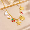 Gold stainless steel starfish heart pendant necklace with white stone and red bead charms