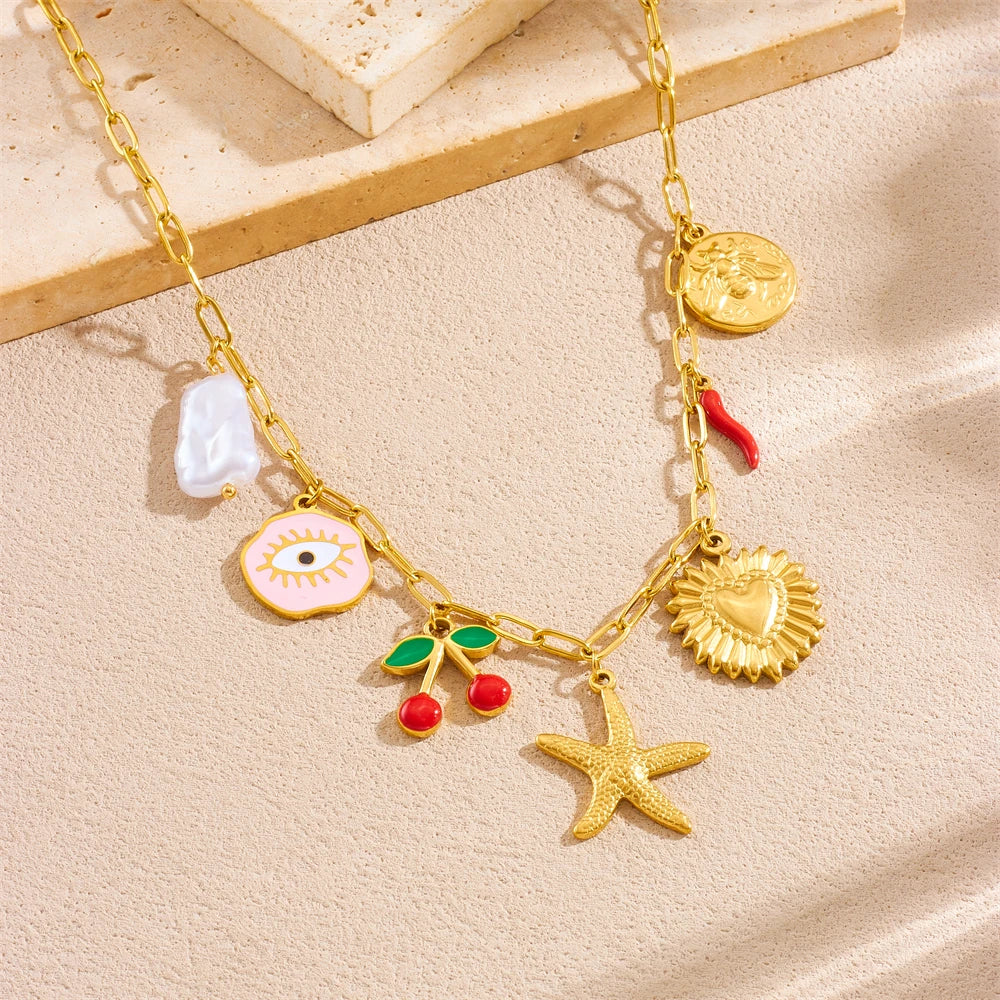 Gold stainless steel starfish heart pendant necklace with white stone and red bead charms