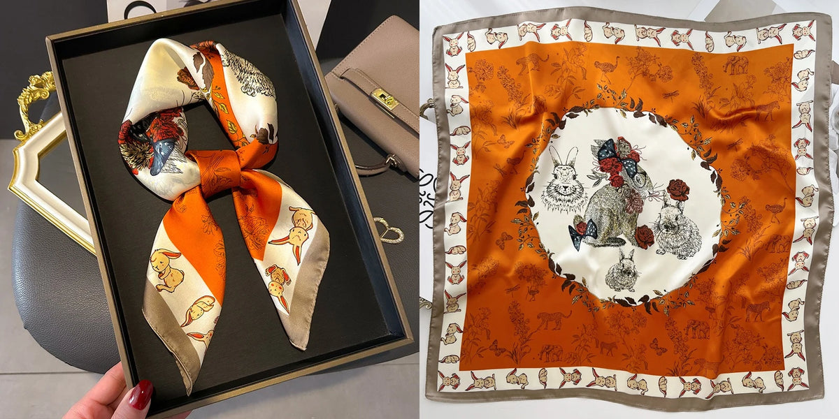 An orange silk scarf with a white floral print is displayed on a dark wooden frame.