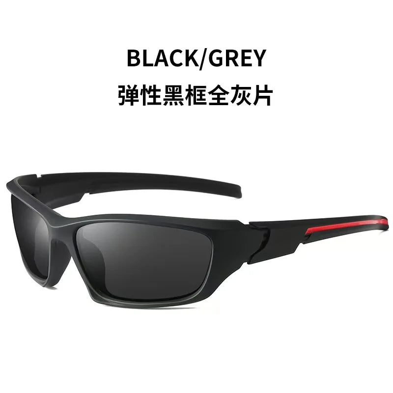 Black and grey sports sunglasses with a black frame and red accents