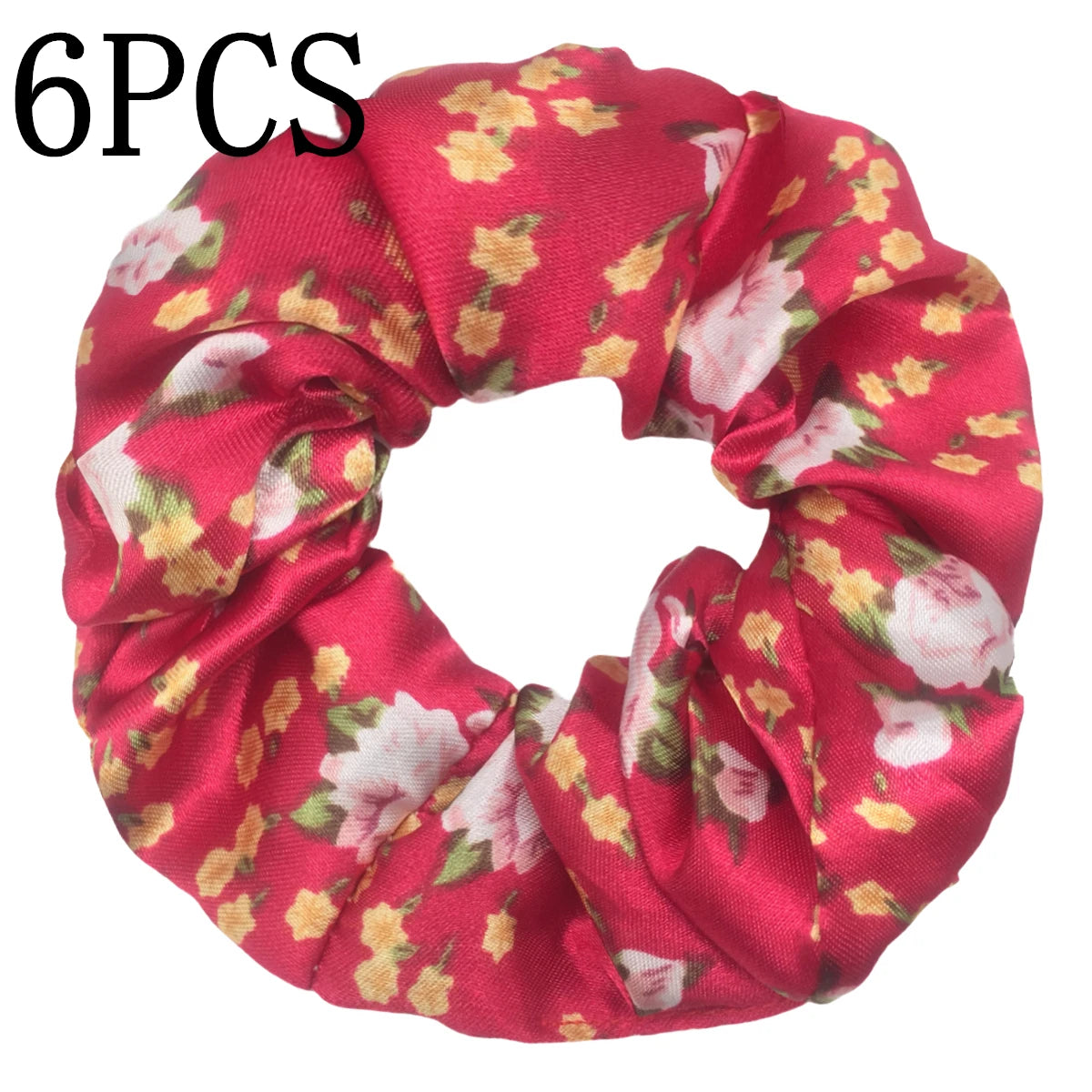 Seis gomas de tela con estampado floral de satén en tonos rosa y amarillo