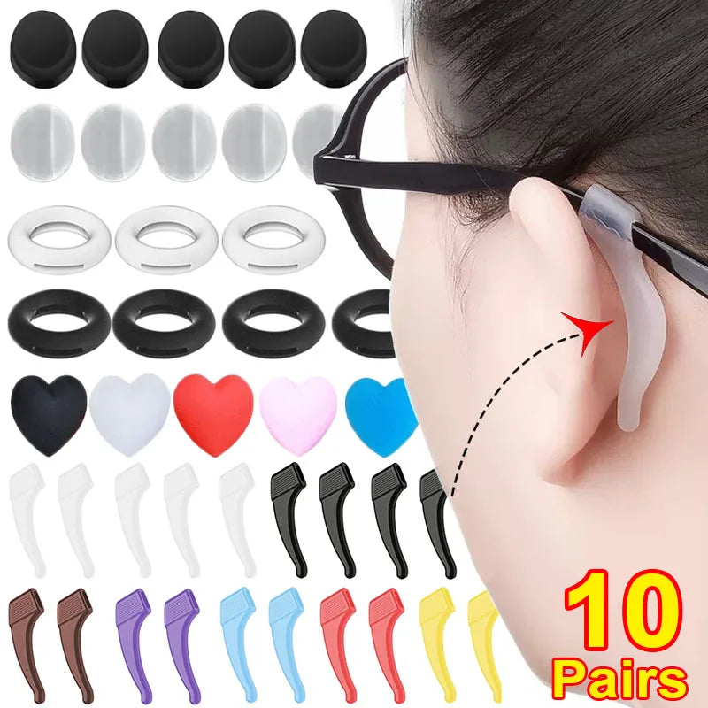 A collection of 10 pairs of anti-slip silicone ear hooks for eyeglasses, shown in various colors and sizes.