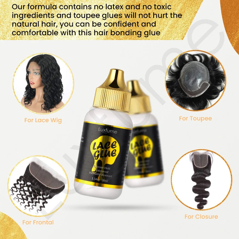 Flasche Lace Glue für Haarverbindung, gezeigt mit Beispielen an einer Lace-Perücke, Toupee und Closure.