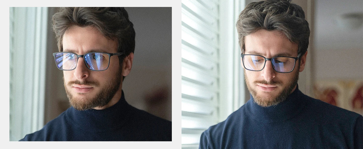 Un homme portant des lunettes anti-lumière bleue carrées et un pull col roulé foncé.