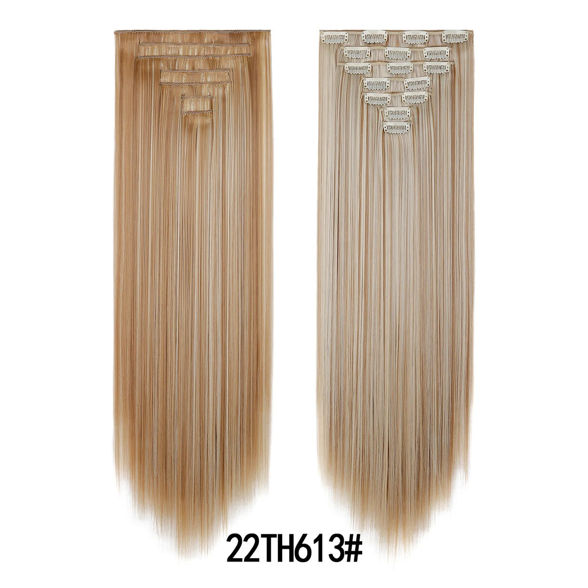 A pair of straight, light brown hair extensions shown side by side.