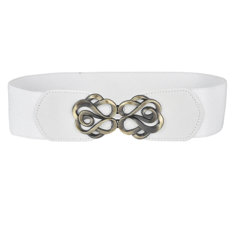 White elastic belt with a decorative brass twisted buckle