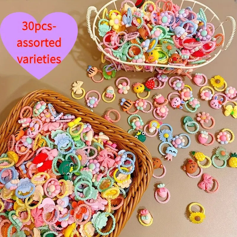A collection of assorted decorative elastic hair bands and accessories in various colors and textures.