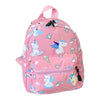 Pink kids backpack featuring a cute dinosaur and unicorn pattern with pastel clouds and rainbows