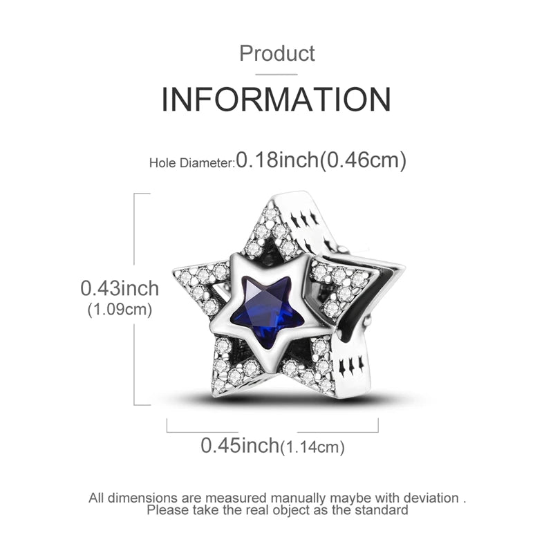 A sterling silver star moon charm is shown with a hole diameter of 0.18 inches and a total size of 0.45 inches.