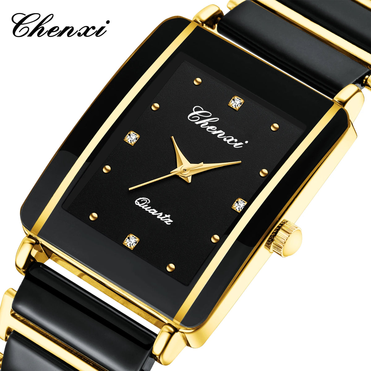 A black and gold fashion wristwatch with a square face and gold-toned band.