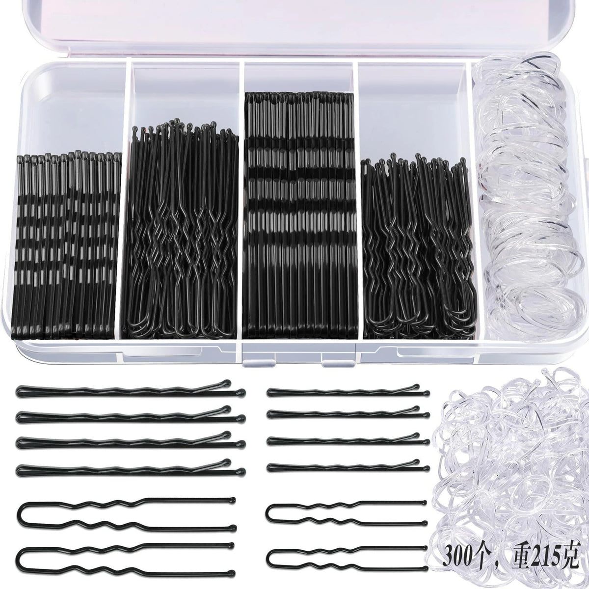 Bulk set of black hair bobby pins and clear hair pins in a plastic container