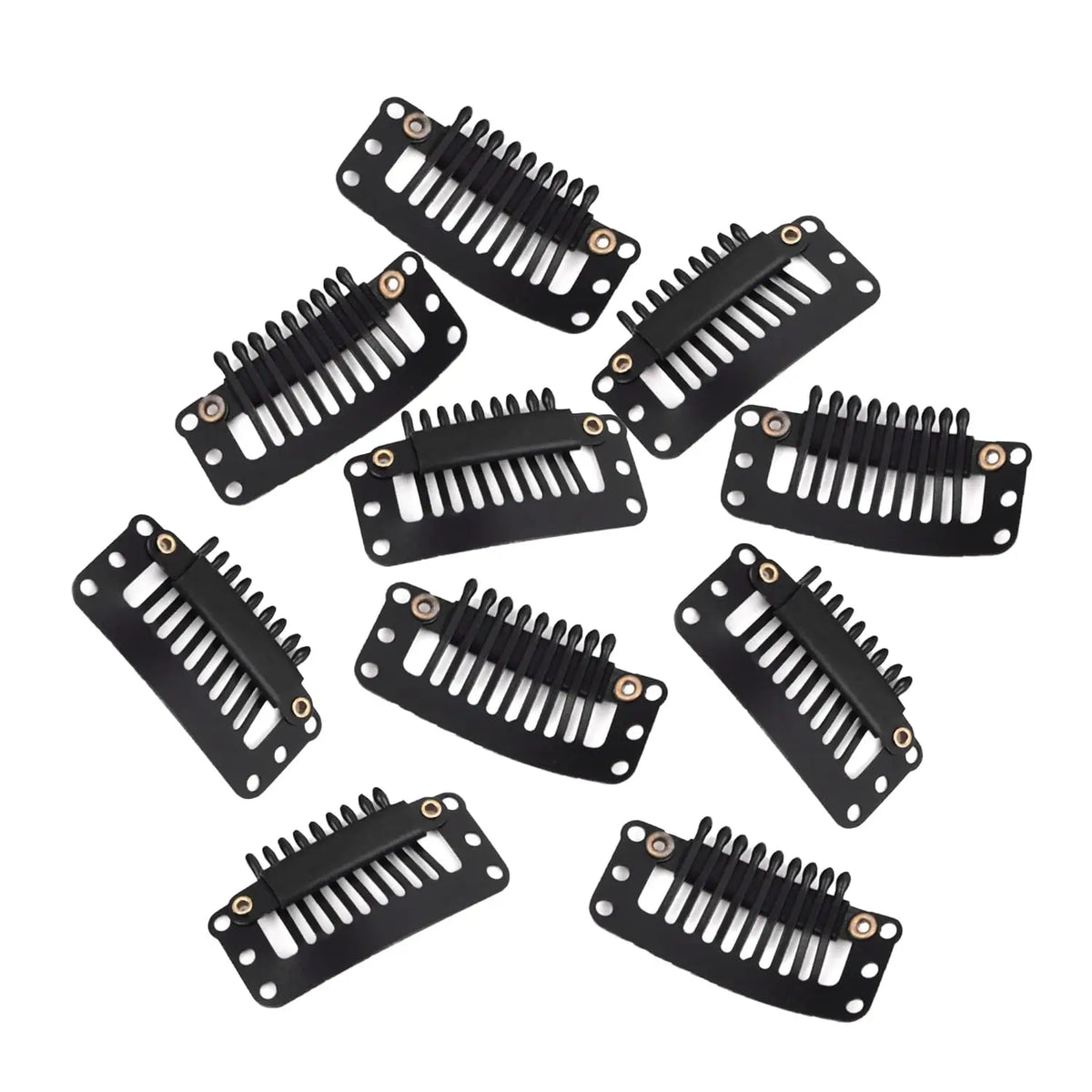 A collection of black hair extension snap clips used for wigs.