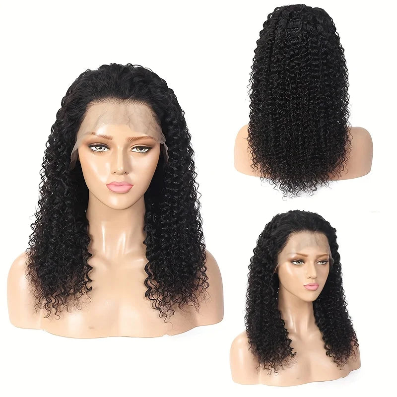A natural Jerry curl lace front wig displayed on a mannequin head.