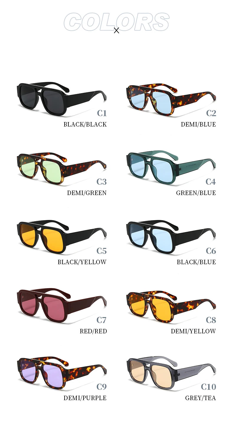 Une collection de dix paires de lunettes de soleil carrées vintage dans diverses couleurs : noir, bleu, vert, jaune et violet