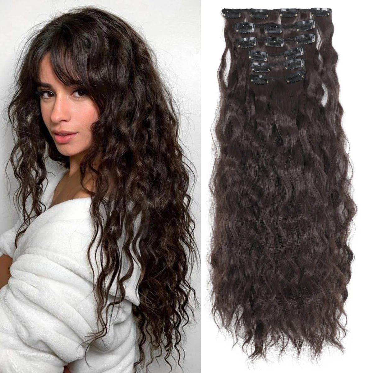 A woman models long, dark brown curly hair extensions with 16 clips for a 22-inch look.