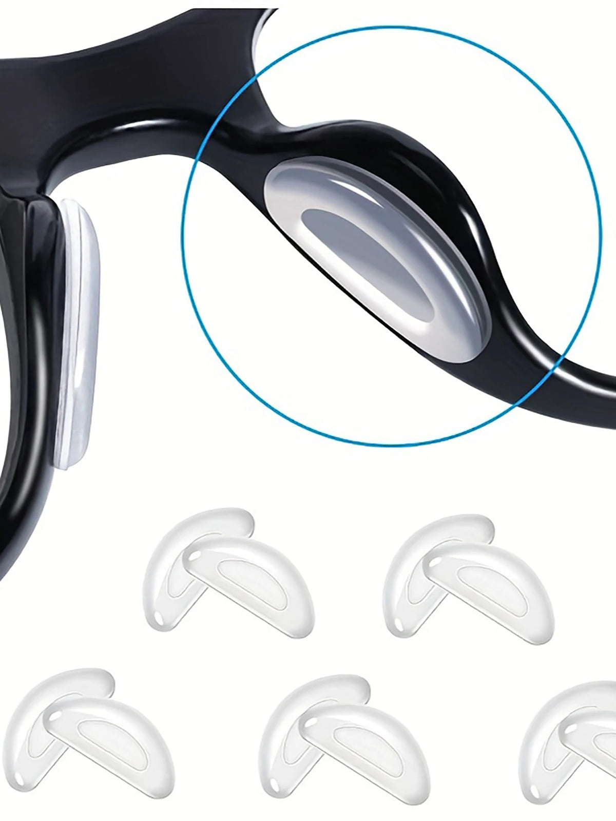 Primer plano de gafas negras con almohadillas anti-resbalón de silicona transparentes y almohadillas de repuesto.