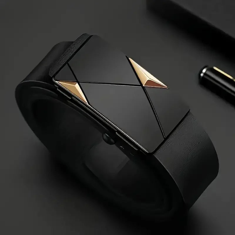 A black men's PU leather fashion belt with gold accents shown in a close-up view.