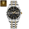 A silver and gold luxury men's quartz watch with a black dial and diamond-cut bezel.