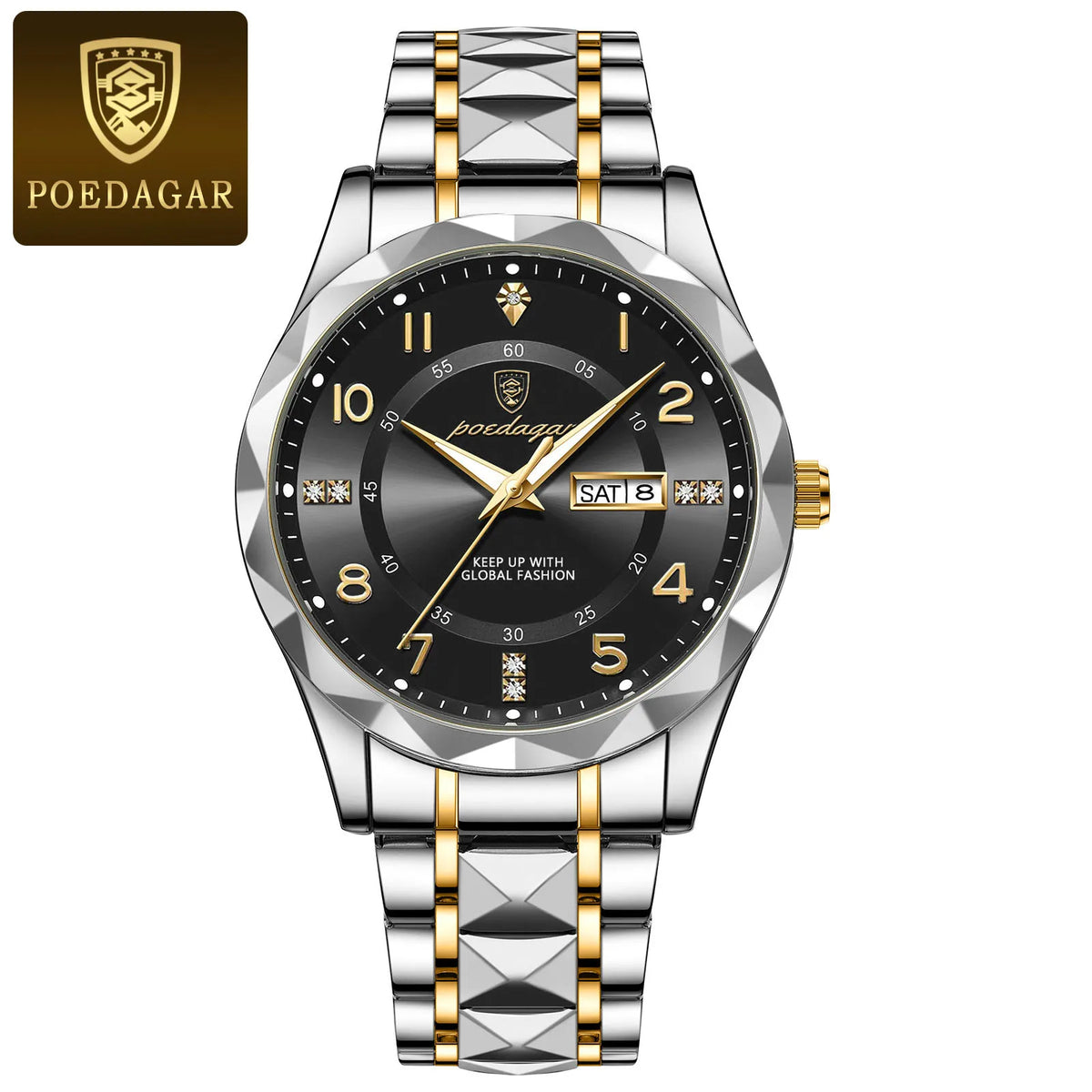 A silver and gold luxury men's quartz watch with a black dial and diamond-cut bezel.