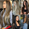 A collage of long, straight hair extensions in various shades of brown and blonde, shown from different angles.