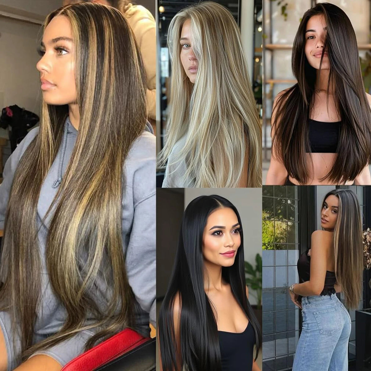 A collage of long, straight hair extensions in various shades of brown and blonde, shown from different angles.