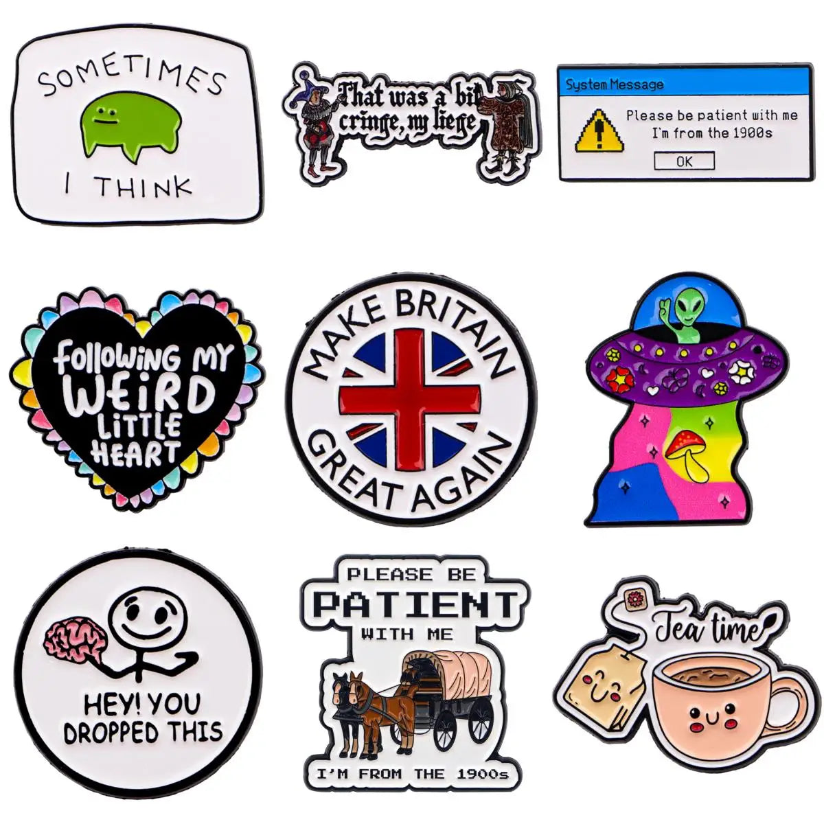 A collection of vintage enamel pins featuring humorous and retro text designs.