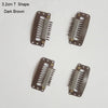 A set of dark brown T-shaped precision hair extension clips.