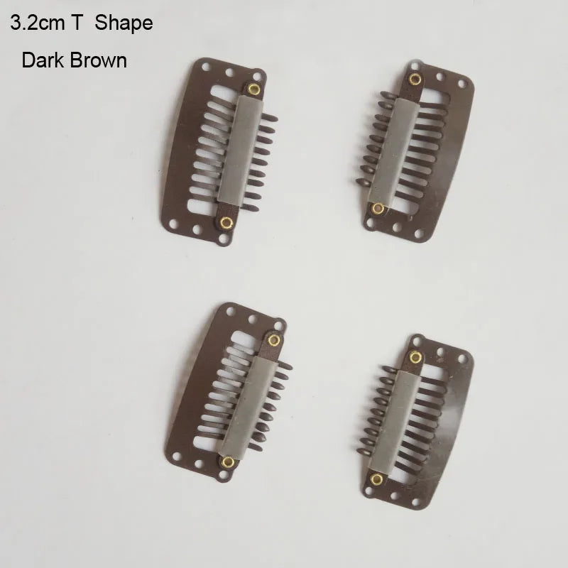 A set of dark brown T-shaped precision hair extension clips.