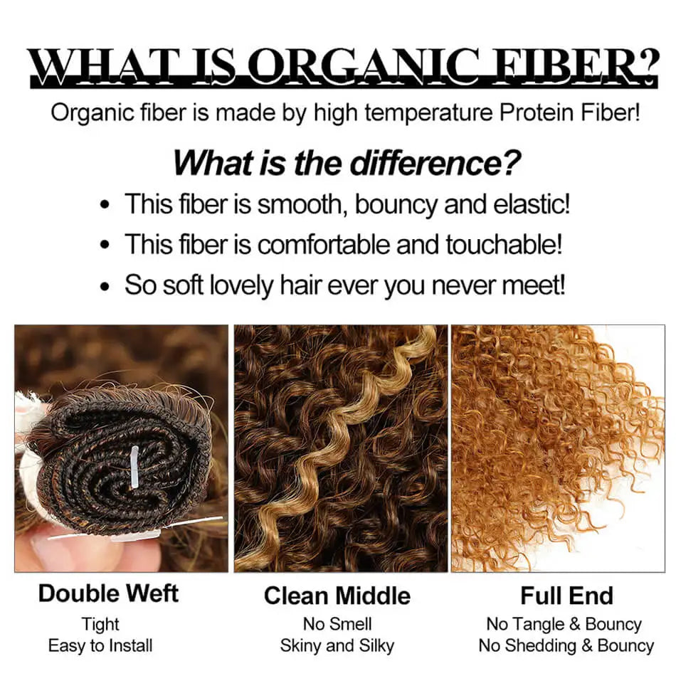 A comparison chart showing the differences between Organic Fiber, Double Weft, Clean Middle, and Full End hair extensions.