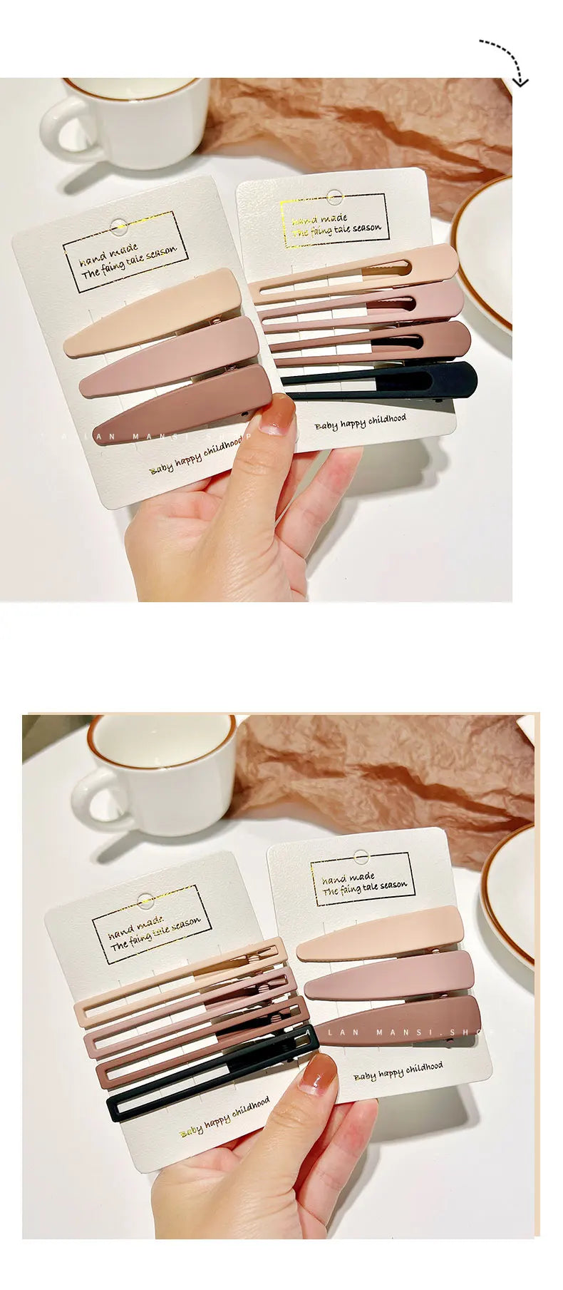 A set of hand-made vintage frosted geometry hair clips in various shades of pink and black displayed on a card.