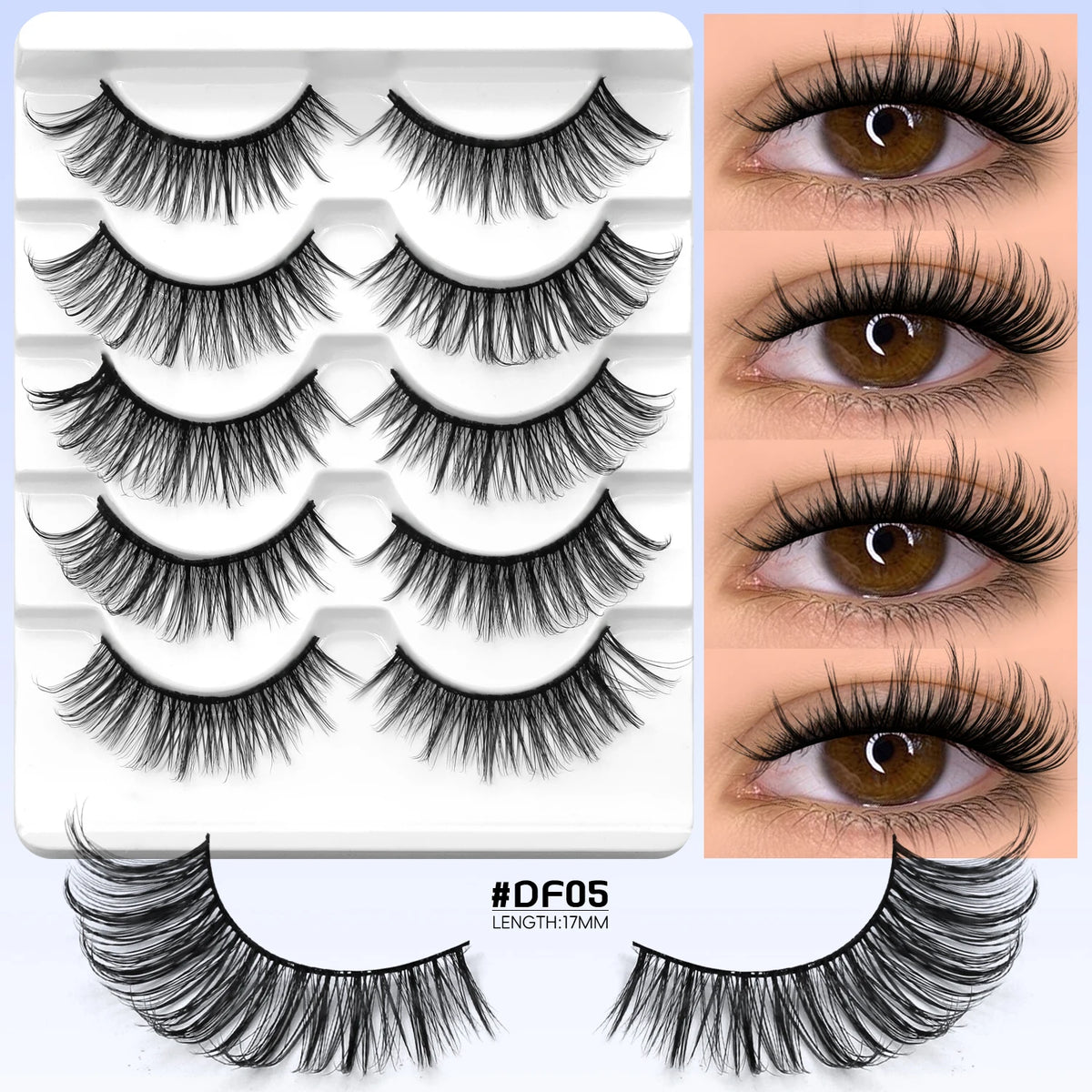 A set of black 3D faux mink cat eye eyelashes displayed in various styles and lengths.