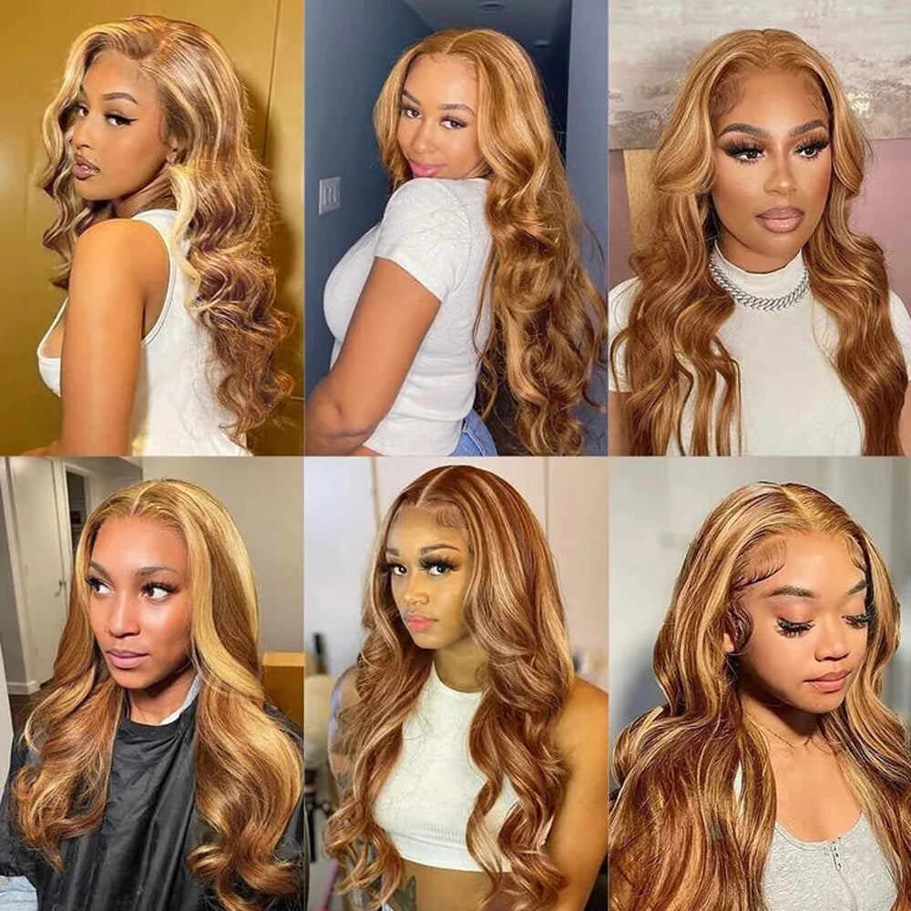 A collage of models wearing HD Ombre Honey Blonde Wavy Lace Front wigs in various styles and colors.