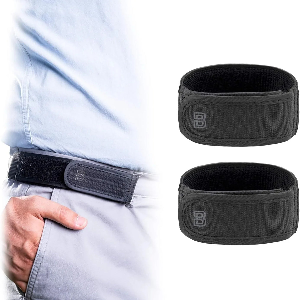 Black elastic waist belts shown on a person, with separate views of the belt and the finished product.