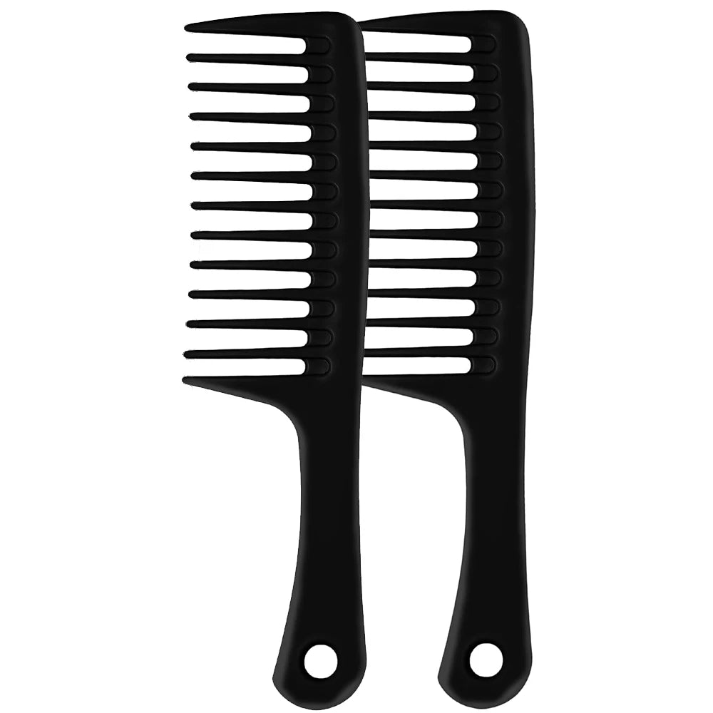 A black 4-in-1 wide tooth detangling hair comb set with multiple teeth.