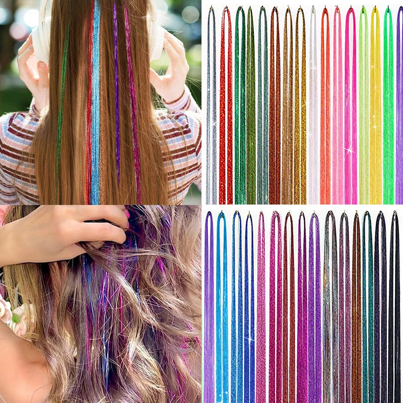 Close-up of various rainbow glitter hair extensions and braids displayed on a model's hair.