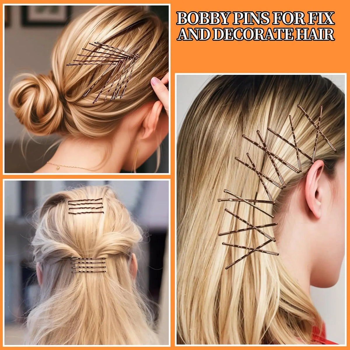 A set of brown and clear bobby pins used for fixing and decorating hair, shown in various styles.