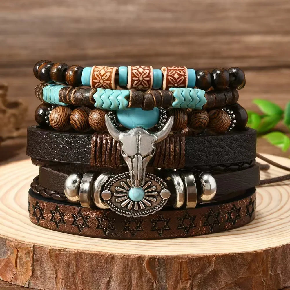 A stack of handcrafted retro western beaded bracelets featuring brown leather, silver metal, and turquoise beads.