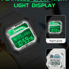 A dark digital wristwatch displaying a night glow feature and a normal display.