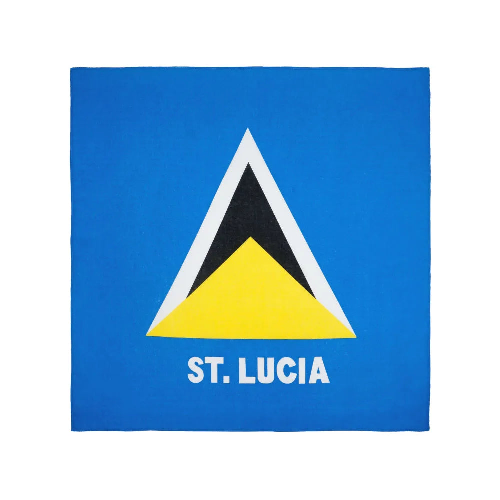Blaues quadratisches Flaggen-Design mit schwarz-gelbem Dreiecksmuster und dem Text ST. LUCIA.