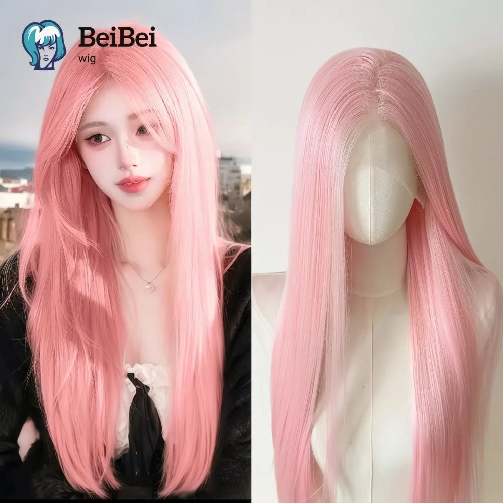A close-up photo of a pink long straight glueless synthetic wig displayed on a mannequin head.