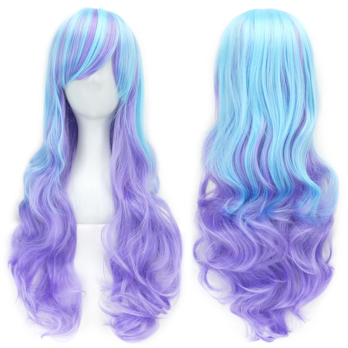 Long wavy synthetic hair wig featuring a rainbow ombre blend of purple and blue colors.